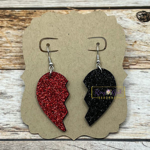 Rory Gail Handmade Earrings Black & Red Glitter 1.5 inch Broken Heart Earrings