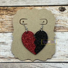 Load image into Gallery viewer, Rory Gail Handmade Earrings Black &amp; Red Glitter 1.5 inch Broken Heart Earrings
