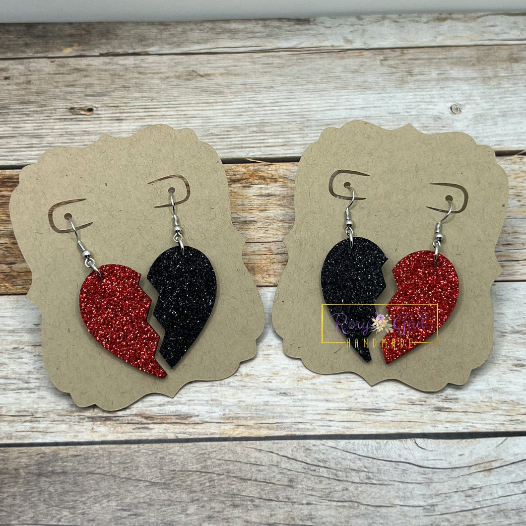 Rory Gail Handmade Earrings Black & Red Glitter 1.5 inch Broken Heart Earrings