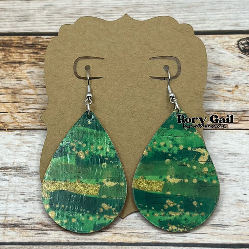 Rory Gail Handmade Earrings Green & Gold Brushstrokes Cork 2 inch Teardrop Earrings