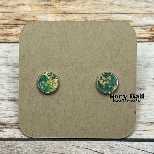 Rory Gail Handmade Earrings Green & Gold Brushstrokes Cork 8mm Stud Earrings