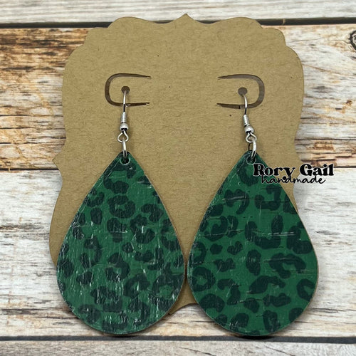 Rory Gail Handmade Earrings Green Leopard Cork 2 inch Teardrop Earrings