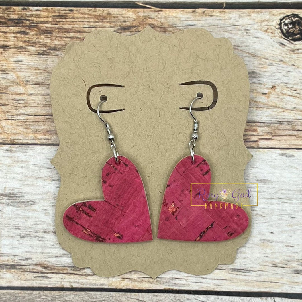 Rory Gail Handmade Earrings Magenta Pink Cork 1.5 inch Heart Earrings