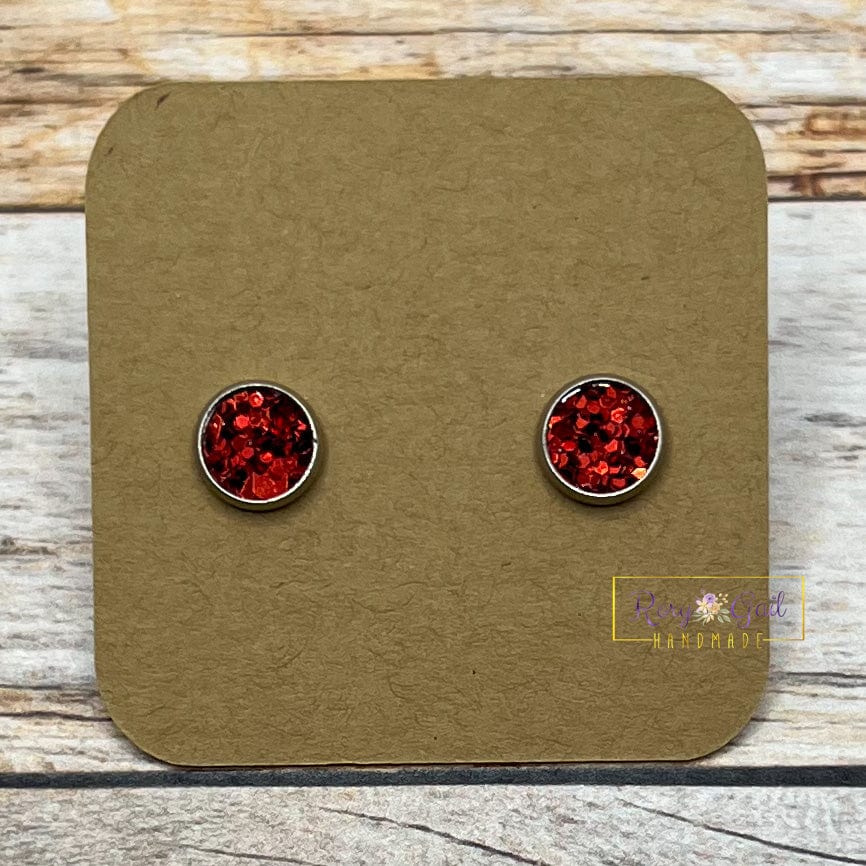 Rory Gail Handmade Earrings Red Glitter 8mm Stud Earrings