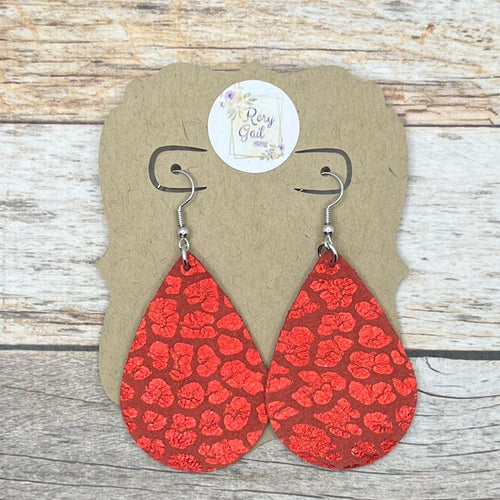 Rory Gail Handmade Earrings Red Leopard Metallic 2 inch Teardrop Earrings