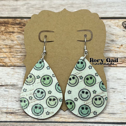 Rory Gail Handmade Earrings St. Patty Clover Face Cork 2 inch Teardrop Earrings