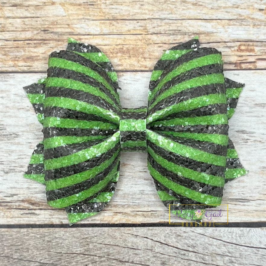 Rory Gail Handmade Green and Black Stripes Glitter 3 inch Pinch Bow