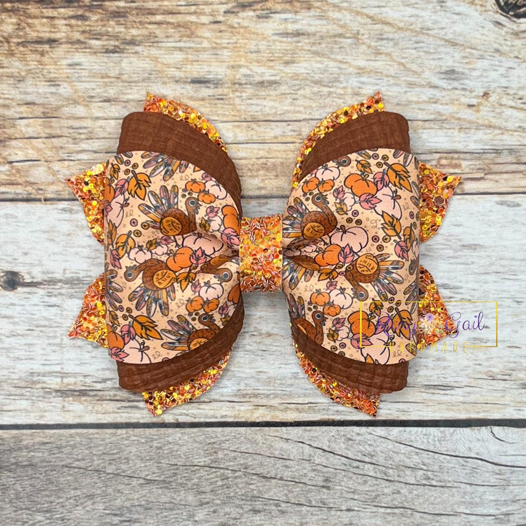 Rory Gail Handmade Hair Accessories Boho Turkeys and Pumpkins 3.5” Phoebe Bow