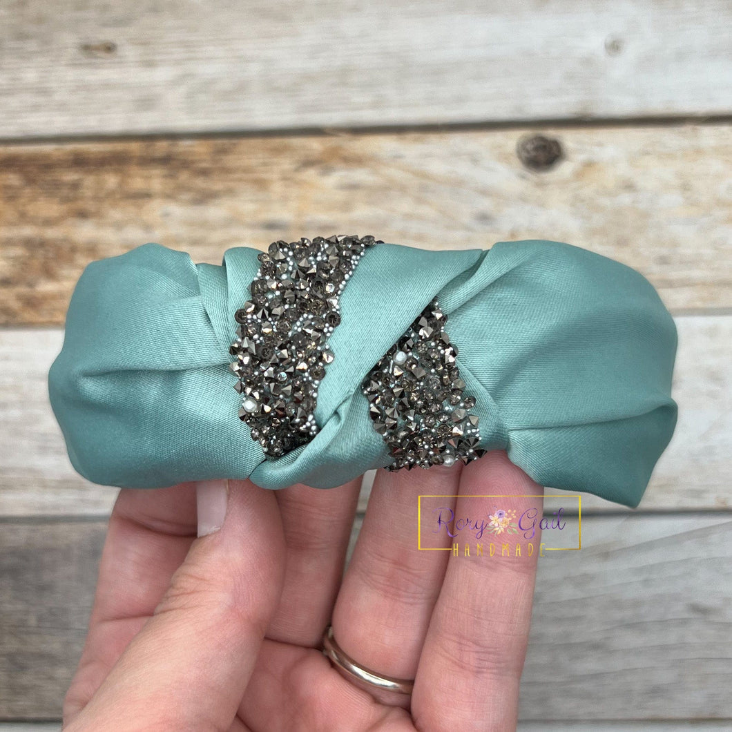 Rory Gail Handmade Headband Dark Mint Satin Bling Top Knot Headband