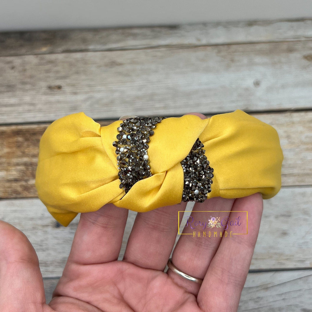 Rory Gail Handmade Headband Mustard Satin Bling Top Knot Headband