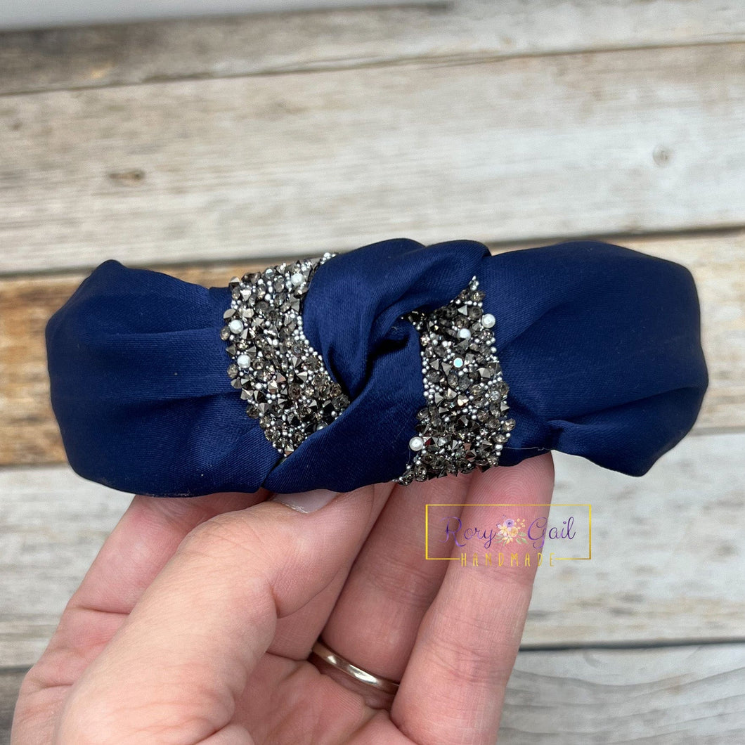 Rory Gail Handmade Headband Navy Satin Bling Top Knot Headband