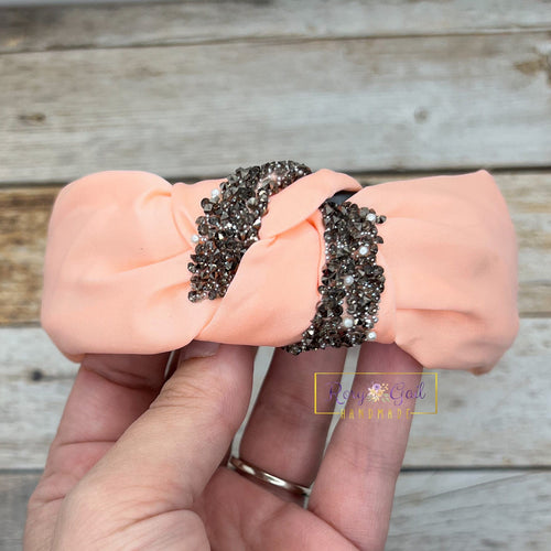 Rory Gail Handmade Headband Peachy Pink Satin Bling Top Knot Headband