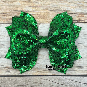 Rory Gail Handmade Lucky Green Glitter 3 inch Pinch Bow