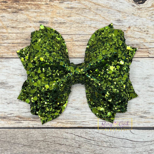 Rory Gail Handmade Olive Green Glitter 3 inch Pinch Bow