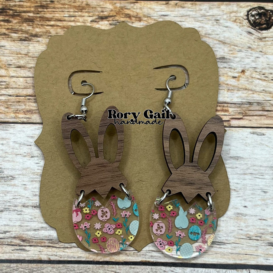 Rory Gail Handmade Patterned Acrylic and Wood Bunny Egg Earrings