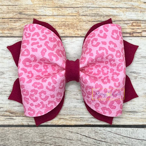 Rory Gail Handmade Pink Leopard Suede 3 inch Pinch Bow