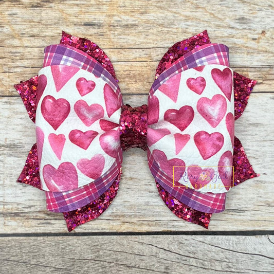 Rory Gail Handmade Pink Watercolor Hearts 3.5 Inch Phoebe Bow