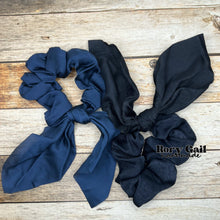 Load image into Gallery viewer, Rory Gail Handmade Satin Knotted Bow Scrunchies in Navy Blue and Midnight
