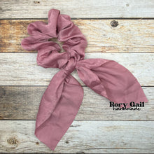 Load image into Gallery viewer, Rory Gail Handmade Satin Knotted Bow Scrunchie in the color, Mauve
