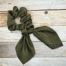 Load image into Gallery viewer, Rory Gail Handmade Satin Knotted Bow Scrunchie in the color, Olive
