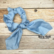 Load image into Gallery viewer, Rory Gail Handmade Satin Knotted Bow Scrunchie in the color, Baby Blue
