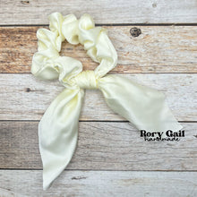 Load image into Gallery viewer, Rory Gail Handmade Satin Knotted Bow Scrunchie in the color, Vintage White
