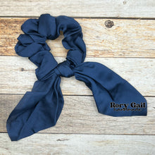 Load image into Gallery viewer, Rory Gail Handmade Satin Knotted Bow Scrunchie in the color, Navy
