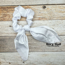 Load image into Gallery viewer, Rory Gail Handmade Satin Knotted Bow Scrunchie in the color, Bright White
