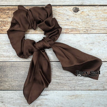 Load image into Gallery viewer, Rory Gail Handmade Satin Knotted Bow Scrunchie in the color, Chocolate
