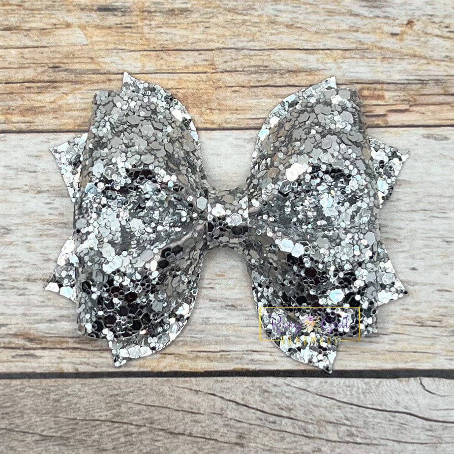 Rory Gail Handmade Silver Glitter 3 inch Pinch Bow