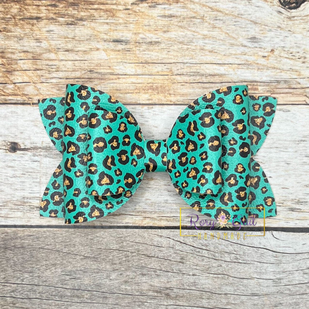 Rory Gail Handmade Teal Glitter Leopard 4” Double Diva Bow