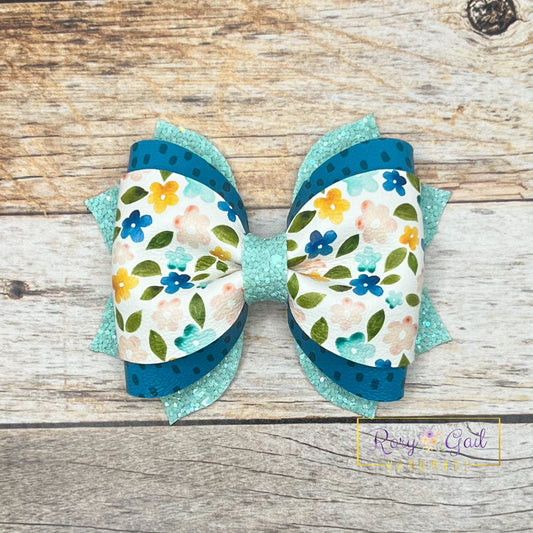 Rory Gail Handmade Teal, Mustard and Peach Florals 3.5 Inch Phoebe Bow