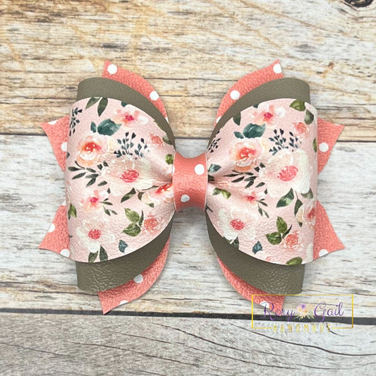 Rory Gail Handmade White and Peach Watercolor Floral 3.5 Inch Phoebe Bow